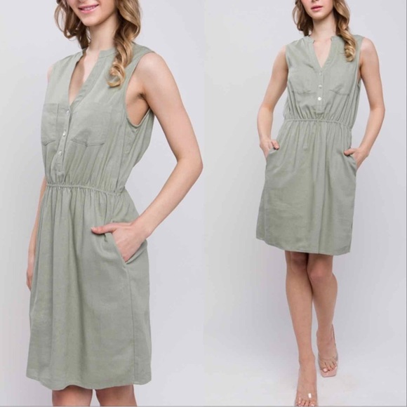 CHICBOMB Dresses & Skirts - LINEN BLEND SLEEVELESS V NECK DRESS WITH POCKETS - SAGE